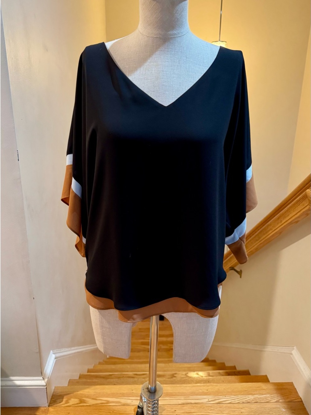 White House Black Market Black Tunic with Tan and White Trim